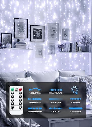 Brightown 300 LED Fairy Curtain Lights, 9.8ft x 9.8ft White Curtain String Lights, Winter Wonderland Decorations, USB Plug 8 Modes LED Christmas String Hanging Lights with Remote for Indoor Outdoor thumbnail 5