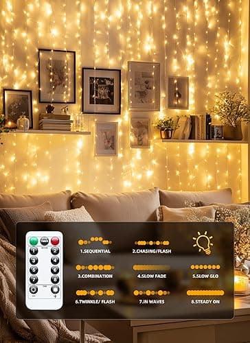 Brightown 300 LED Fairy Curtain Lights, 9.8ft x 9.8ft Warm White Curtain String Lights, USB Plug in 8 Lighting Modes Christmas Decoration, Hanging Lights with Remote for Bedroom Indoor Weddings Dorm - Warm White - 300 LED-Copper Wire thumbnail 5
