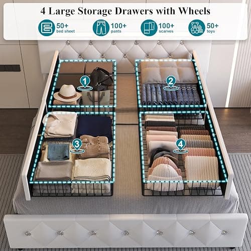 Queen Size Bed Frame with 4 Storage Drawers and LED Light, Upholstered Platform Storage Bed with Adjustable Headboard and Charging Station, Metal Slats Support, No Box Spring Needed, No Noise, White thumbnail 5