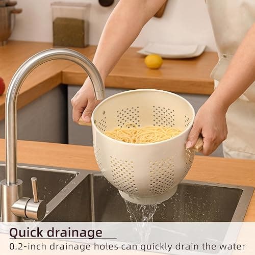 Metal Colander with Wood Handle and Stable Base, 5.5 Quart Powder Coated Steel Kitchen Strainer Basket for Draining Pasta, Vegetable and fruit,Cream thumbnail 4