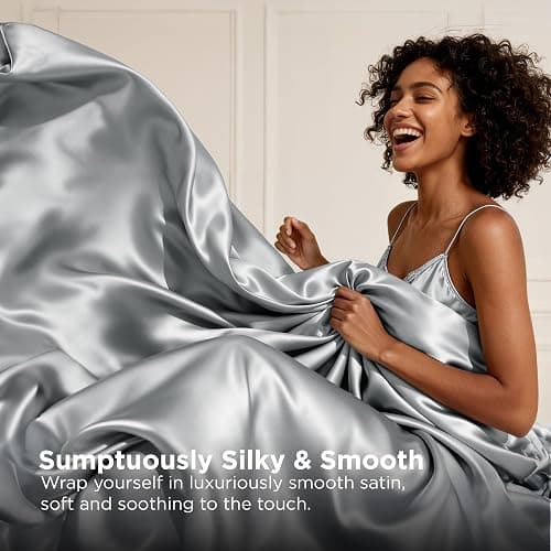 Bedsure Satin Sheets Queen Size - 4 Piece Silky Bedsheets with 15 Inches Deep Pocket Fitted Bedsheet,1 Flat Sheet, 2 Satin Pillowcases, Good for Hair & Skin (Queen, Silver Grey) thumbnail 3