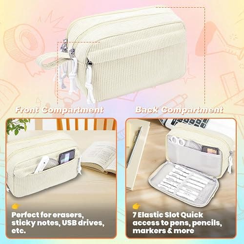 JAESITETER Big Capacity Pencil case,Soft Corduroy Pencil Bag with 3 Compartment,Pencil Pouch School Supplies Cute Pencil Box Pencil Bag for Teen Girls Boys College thumbnail 5