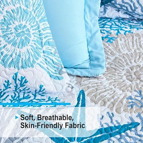 Tritard 3 Piece Coastal Quilt Sets Full/Queen Size - Reversible Microfiber Quilts with 2 Shams Soft Lightweight Beach Bedding Nautical Bedspread Coverlet Summer Comforter for All Season, 90''x96'', C1 thumbnail 6