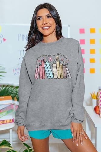 ALLTB Book Sweatshirts Women It’s a Good Day to Read Book Graphic Shirt Bookish Teacher Reading Pullover Long Sleeve Top thumbnail 2
