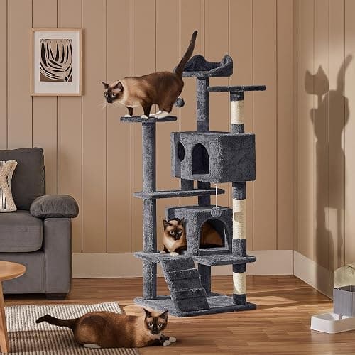 Yaheetech 54in Cat Tree, Multi-Level Cat Tower with Spacious Kitten-ear Perch, 2 Cozy Caves, Scratching Posts, Climbing Ladder, 2 Plush Balls, Durable Pet House Furniture for Indoor Kittens, Dark Gray thumbnail 8