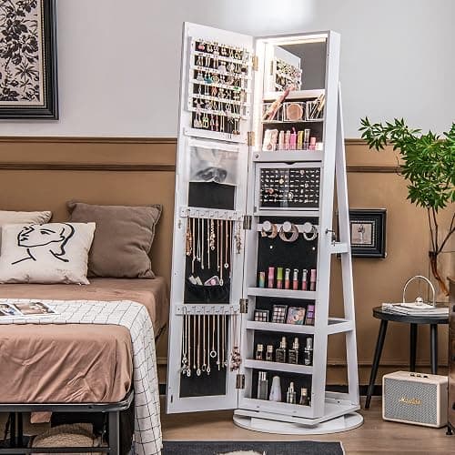 CHARMAID 360° Swivel Jewelry Armoire with Full Length Mirror, Rear Storage Shelves, Lockable Standing Jewelry Cabinet Organizer with Interior Vanity Mirror and 3-Color Lights (White) thumbnail 2