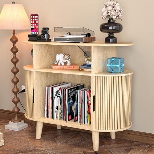 LUVIOHOME Large Round Record Player Stand with Charging Station & USB Ports，Record Storage Cabinet, Mid Century Modern Turntable Stand for Bedroom Living Room (Small Oak) thumbnail 3