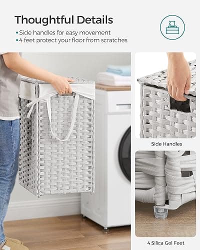 SONGMICS Laundry Hamper with Lid, 17.2 Gallon (65 L) Synthetic Rattan Clothes Laundry Basket with Lid and Handles, Foldable, Removable Liner, Cloud White ULCB165W01 thumbnail 5