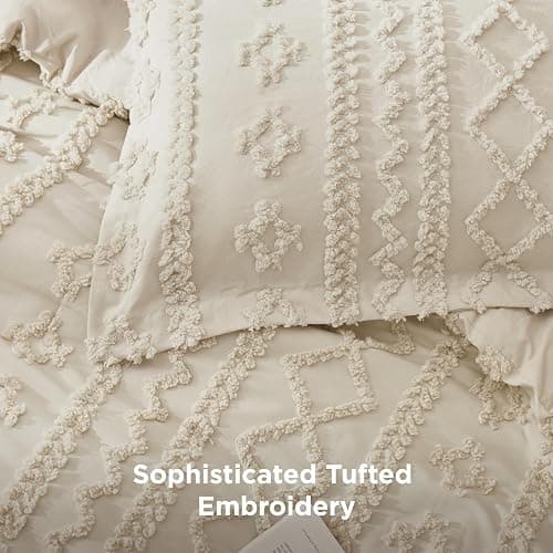Bedsure Tufted Boho Comforter Set Queen Size - Beige Boho Bed Set, GentleSoft™ 3 Pieces Farmhouse Shabby Chic Embroidery Bedding, Gifts for Woman, Soft Jacquard Queen Comforter for All Seasons thumbnail 2