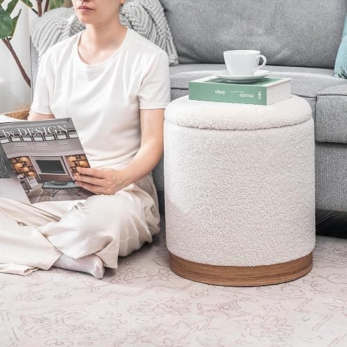 Joveco Round Storage Ottoman with Removable Lid, Boucle Small Upholstered Padded Vanity Foot Rest Stool for Living Room, Bedroom, Dorm, White with Oatmeal Wood Grain Trim thumbnail 5
