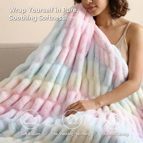 Smoofy Rainbow Throw Blanket for Couch – Luxury Faux Rabbit Fur Blanket, Ultra Soft Fluffy Plush Fuzzy, Lightweight Warm Cozy Blanket for Bed Sofa, Colorful Aesthetic Room Decor Gift for Women 50"x60" thumbnail 5