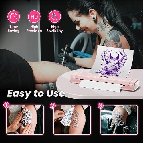 TATTMUSE 2025 New Version Tattoo Stencil Printer with 10pcs Transfer Paper, Wireless Thermal Tattoo Transfer Printer, Bluetooth Portable Tattoo Machine Compatible with Smartphone & Pad, Pink thumbnail 5