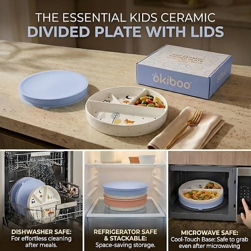 OKiBoo Non-Toxic Divided Ceramic Toddler Plate with Silicone Lid & Non-Slip Base, 8 Inch Microwave & Dishwasher Safe Porcelain Dish for Babies, Kids, Animal Design (Sky Mist) thumbnail 4
