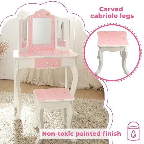 Teamson Kids Princess Gisele Twinkle Star Print 2-Piece Kids Wooden Play Vanity Set with Vanity Table, Tri-Fold Mirror, Storage Drawer, and Matching Stool, White with Pink and Gold Star Accent thumbnail 6