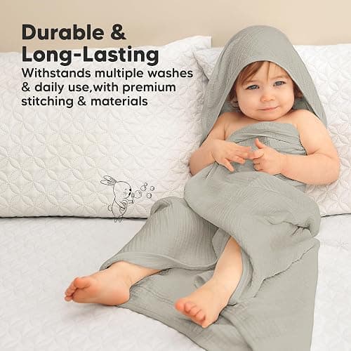 KeaBabies Muslin Hooded Baby Towels for Newborn Girls, Boys - 2-Pack, 30x30 Organic Cotton Baby Bath Towels Hooded, Soft Absorbent, Toddlers, Kids, Infant, Newborn Bath Essentials (Graphite, Petite) thumbnail 7