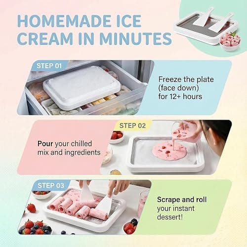 At-Home Rolled Ice Cream Maker Kit, Instant Freeze Plate with 2 Scrapers, DIY Ice Cream Roll Tray for Kids & Adults, Homemade Gelato, Sorbet & Frozen Yogurt, Stainless Steel Dessert Maker (White) thumbnail 4