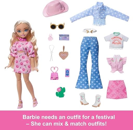 Barbie Dream Besties Festival Looks Set, Including Barbie “Malibu” Doll with Long, Blonde Stylized Hair, 10+ Removable Fashions & Accessories thumbnail 3