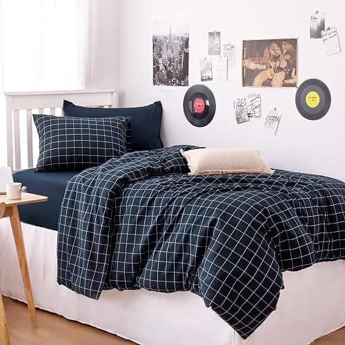 Wake In Cloud - Grid Cotton Duvet Cover Set, Plaid Checkered Geometric Farmhouse, 100% Washed Cotton Textured Bedding Set, 3 Pieces, Navy Blue, Twin/Twin XL Size thumbnail 4
