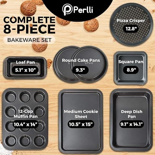 PERLLI Non-Stick 8-Piece Bakeware Set – Carbon Steel with Even Heat Distribution, Oven Safe to 446°F, BPA-Free, Dishwasher Safe, Stackable Baking Tools for Easy Storage and Everyday Cooking - Gray thumbnail 3