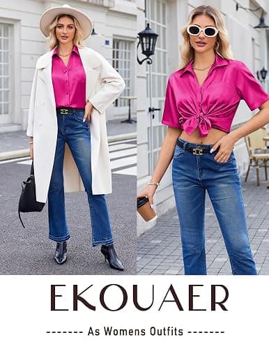 Ekouaer Silk Pajamas for Womens Set 2 Piece Satin Pjs Soft Button Down Sleepwear Wide Leg Long Pants with Pockets thumbnail 5