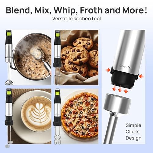 Consciot 4 in 1 Immersion Hand Blender Max 1100W, Corded Stick Emulsifier with Entire Stainless Steel Blender Shaft, Trigger Speed Control, For Blending, Beating, Frothing, Mixing & More, Non-BPA thumbnail 4