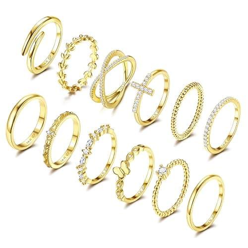 ZELORES 14K Gold Filled Stackable Rings for Women Opal Cross CZ Wedding Bands Rings Dainty Plain Gold Knuckle Rings Set Comfort Fit Size 6-10 - Image 1