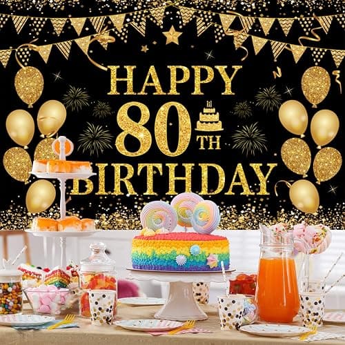 80th Birthday Decorations for Men Women - Happy 80th Birthday Banners Decorations Black Gold 80 Years Birthday Party Favor Backdrop for 80th Birthday Party Sign Decor (71 x 45 inch) thumbnail 4