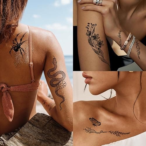 Casciybo 200+PCS Temporary Tattoos for Women, Waterproof Black Realistic Rose Hummingbird Necklace Tattoos Sketch Fake Tattoo for Women Body Art Arm Neck Hands Chest Neck Collarbone Spine Back thumbnail 3