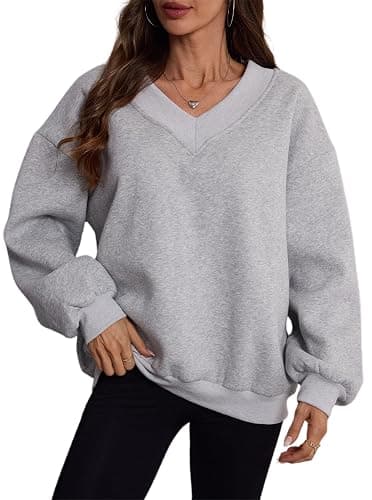 Hilinker Womens V Neck Oversized Sweatshirts Casual Drop Shoulder Long Sleeve Pullover Tops thumbnail 3