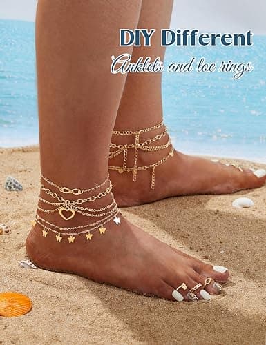 ORAZIO 26Pcs Toe Rings and Ankle Bracelets for Women Silver Gold Plated Anklet Toe Rings Cute Layered Anklets Open Tail Rings Adjustable Beach Foot Jewelry for Summer thumbnail 3