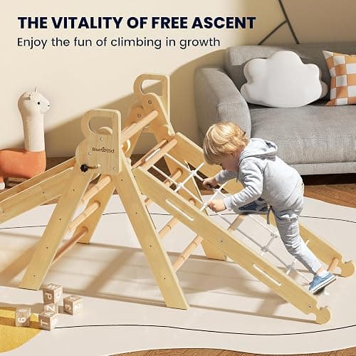 BlueWood 2025 8-in-1 Pikler Triangle Climbing Set Toddler Toys Indoor Baby Jungle Gym Climber Playground for Kids - Natural Wood thumbnail 4