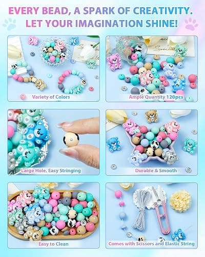 124PCS FIVEIZERO Silicone Focal Beads for Keychain Making, Animal Bear, 15mm Round 12mm Lentil & 10mm Rhinestone Beads for Pens, Bracelets & Crafts with Elastic Cord & Scissors thumbnail 4