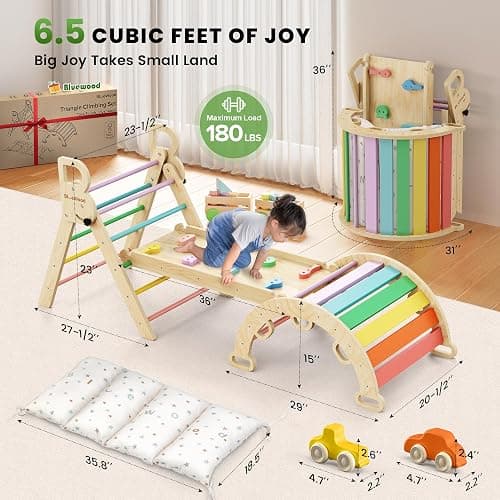BlueWood Pikler Triangle Set with Cushion - Climbing Toys for Toddlers 9-in-1, Montessori Philosophy Play Jungle Gym with Arch, Ramp, Ladder (Rainbow) thumbnail 2