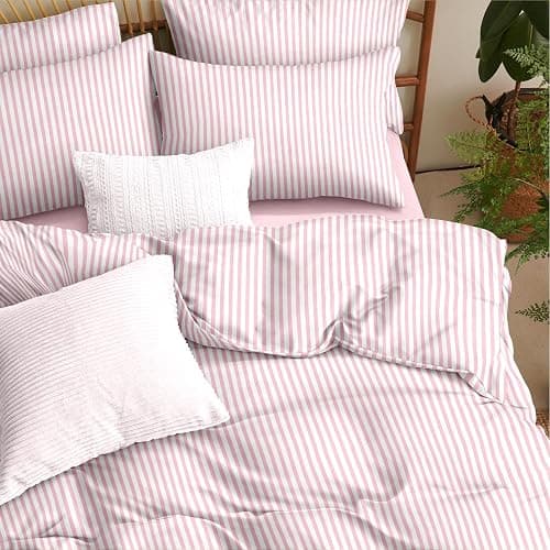 Sedefen Striped Duvet Cover Queen Size Pink Stripes Bedding Set 3 Pcs Kids Boys Girls Women White Geometric Stripe Reversible Soft Microfiber Duvet Cover with 2 Pillowcases thumbnail 3