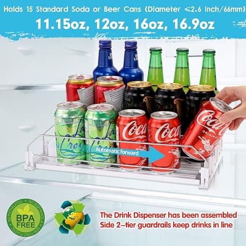 Automatic Soda Can Organizer Refrigerator Can Dispenser for Beer Soda Seltzer already Assembled Drink Pop Can Holder Self-Pushing Drink Organizer for Fridge Storage 15 cans of 11.15oz 12oz 16oz 16.9oz thumbnail 2