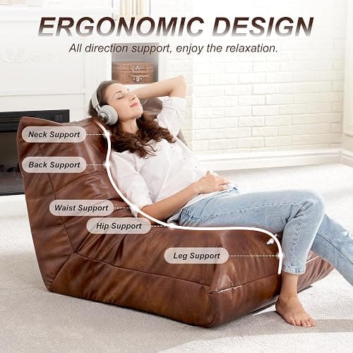 Hobestluk Giant Bean Bag Chair Lazy Floor Sofa, Memory Foam Fireside Sofa for Adults, Big Beanbag Faux Leather Armless Chair for Living Room Bedroom Dorm Office (Brown, Single) thumbnail 4