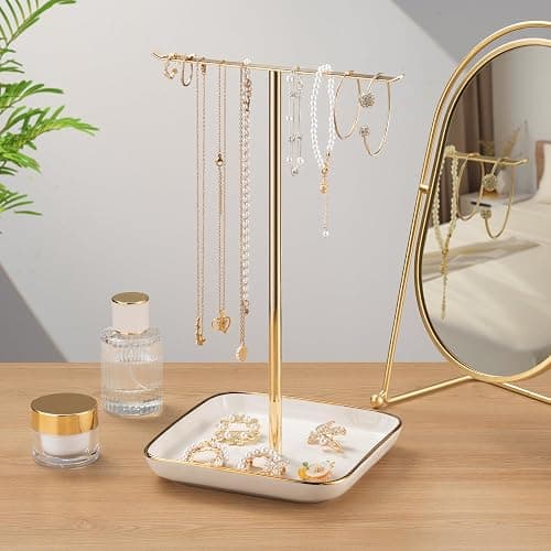 Jewelry Holder Stand with Ceramic Base: 12" Tall Necklace Organizer Rack, Tree Design Display Storage for Necklaces, Bracelets, Rings, Earrings, Aesthetic Room Décor for Girls and Women, Gold thumbnail 6