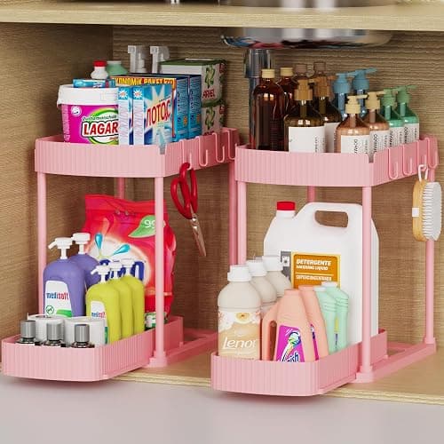 2 Packs Under Sink Pull-Out Storage Organizers, 12.8 Inches, Pink | Multi-Purpose Cabinet Organizers and Storage for Bathroom & Kitchen - Image 1