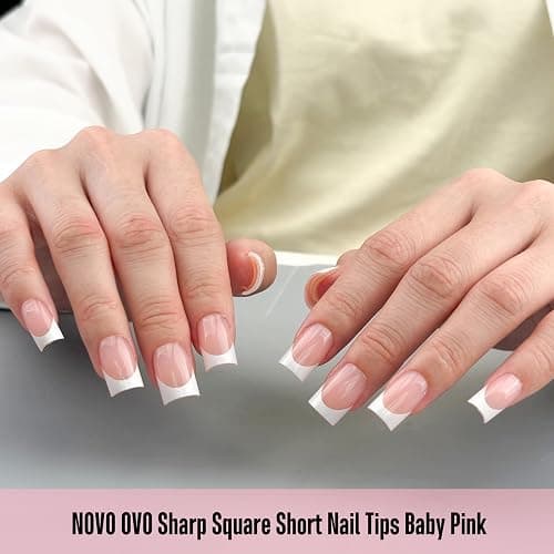 NOVO OVO Short Sharp Square White French Tip Nail Tips Press on BABY PINK, Need Builder Gel Top Coat Nail Glue, Soft Gel Fake Nail Extension, Full Cover False Nails for Salon DIY x 15 Sizes 240 pcs thumbnail 3