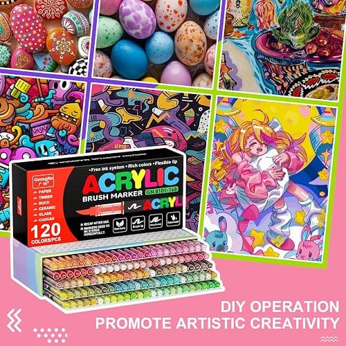 DICEKOO 120 Colors Acrylic Paint Markers, Soft Brush Tip Pens with Automatic Ink Control System, Waterproof, Quick-Drying, Lightfast, for Rock Painting, Canvas, Wood, Egg & DIY Crafts Art Supplies thumbnail 6