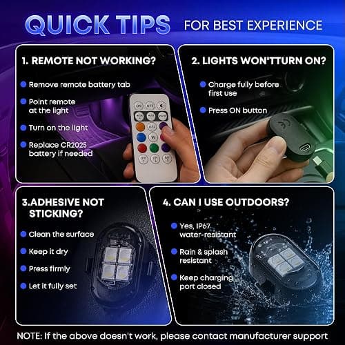 Wireless LED Lights for Car, Rechargeable Interior Car Lights | Remote Control, 8 Colors, 10 Modes, 3 Brightness Levels, USB-C Accent Lights for Car, Truck, Motorcycle & Bike thumbnail 7