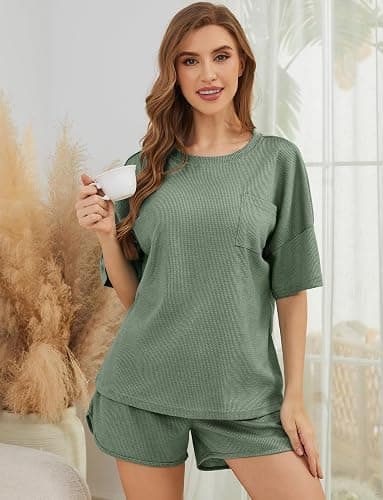 Andeip Pajamas Womens Waffle Knit Lounge Set Short Sleeve Top and Shorts 2 Piece Loungewear Outfits Pj Sets with Pockets thumbnail 3