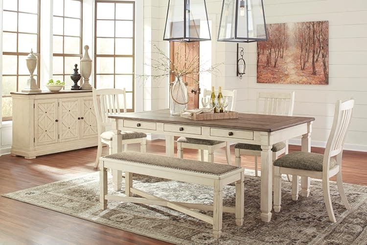 Signature Design by Ashley Bolanburg Casual French Country Upholstered Dining Room Bench with Nailhead Trim, Heavy Woven Fabric, Wood, Antique White & Tan thumbnail 14
