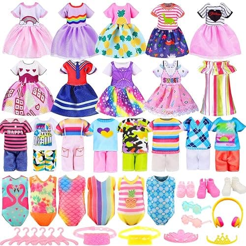 30 PCS Mini 6 Inch Doll Clothes and Accessories Include 4 Tops, 4 Pants for Boy Dolls, 5 Dresses , 2 Swimsuit and 2 Shoes, 10 Outfits Hangers Pocket Glasses Headset Crown for 5.3-6 Inch Dolls - Image 1