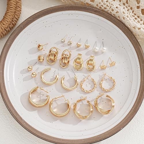 12 Pairs Chunky Gold Hoop Earrings for Women Trendy, Gold Plated Lightweight Hypoallergenic Stack, Thick Open Twisted Huggie Hoops Earring Set thumbnail 8