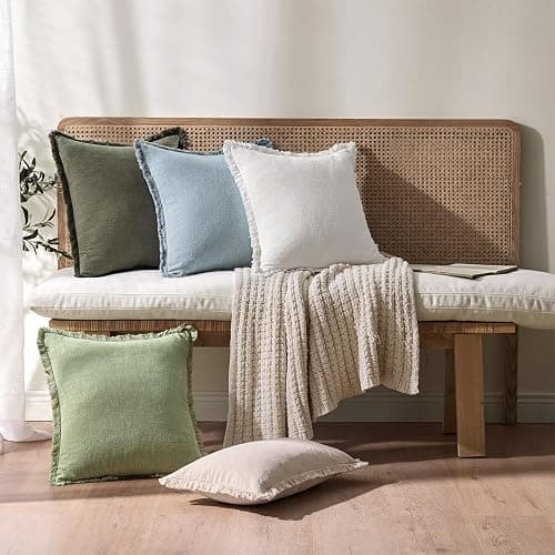 ANRODUO Set of 2 Decorative Throw Pillow Covers 18×18 Inch Soft Linen Fringe Farmhouse Boho Vintage Cushion Covers with Tassels Accent Pillowcase for Couch Sofa Bed Living Room Coastal Decor Sky Blue thumbnail 8