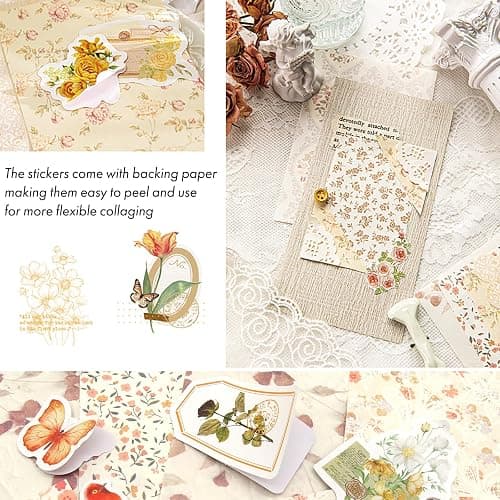 OKUPAN Vintage Floral Scrapbook Paper & Journaling Stickers (400pcs) Assorted Set - 4 Pack Junk Journal Supplies for Bullet Journaling, Retro Crafts, Planner, Mixed Media, Collage Card Album thumbnail 5