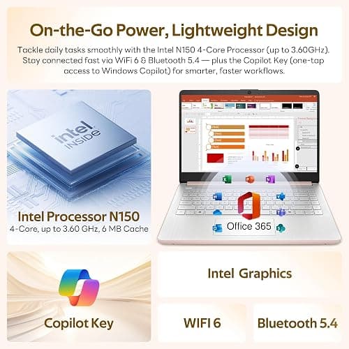 HP Flagship 14" HD Student&Business Laptop with AI Copilot, 13th Gen Intel 4-Core, 4GB RAM, 256GB Storage (128GB UFS + 128GB Docking Station), 1 Year Office 365, 720p Webcam, Win 11, Pale Rose Gold thumbnail 5