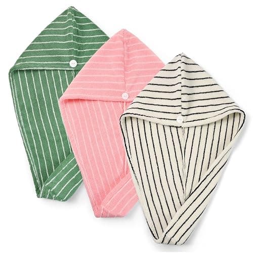 Jacquotha Cotton Hair Towels Wrap for Women, 3 Pack (Black, Pink, Green) | Quick Drying Hair Turban Towel for Wet Hair, 25” x 9.5”, Shower Spa Travel - Image 1