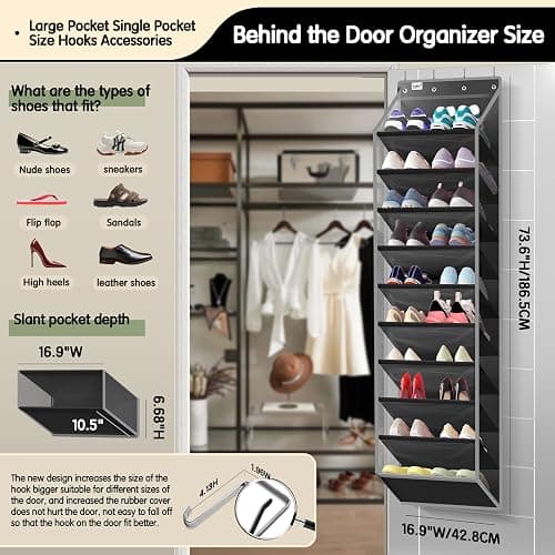 Kotkn 10 Tier Over The Door Organizer - Heavy Duty Hanging Storage Rack with Sturdy Oxford Fabric, Holds 20+ Pairs of Footwear, Boots & Sneakers, Saves 50% Closet Space (Black) thumbnail 2